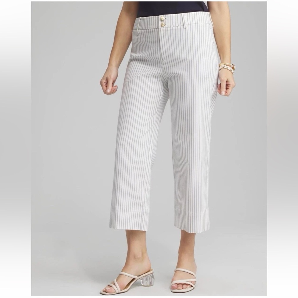 [Chico’s] Blue Pinstripe Trapunto Stretch Wide Leg Crop Pant Gold Crest Buttons